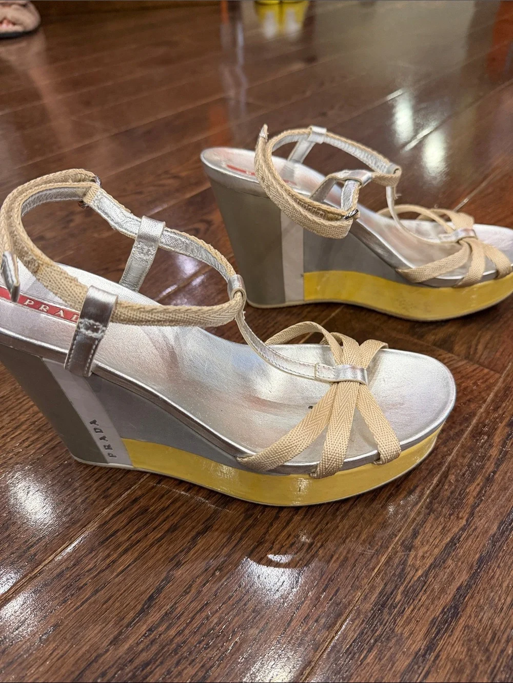 Prada Beige and Silver Platform T-Strap Sandals with Yellow Sole